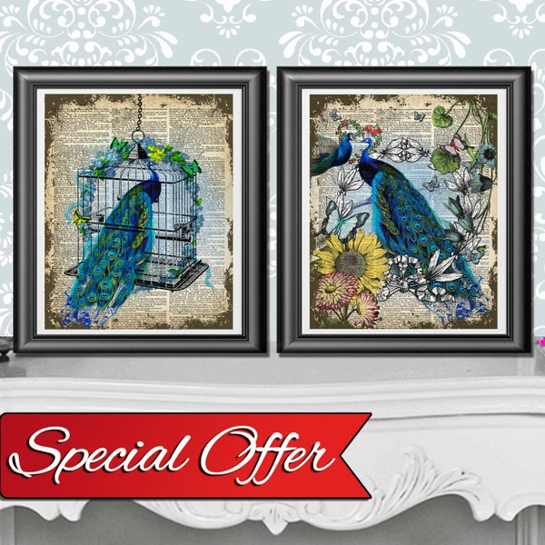 Peacock Dictionary Print, Peacock illustration, Peacocks in Love Print, Unique Wall Decor, Love Heart Page, Dictionary Art