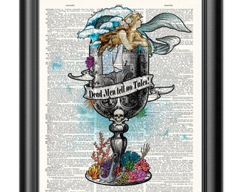 Impressão artística de dicionário de sereia, citação de homens mortos, decoração de livro vintage