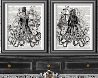 Decoração de banheiro Octopus Gent e Lady, impressões de arte em páginas de livros de dicionários antigos, tapeçarias de parede, arte gótica de esqueletos, arte de parede Sea