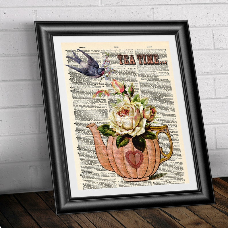 Dictionary art print on antique book page. Vintage tea time art print, upcycled artwork. Art dictionary print. Mother day gift. image 2