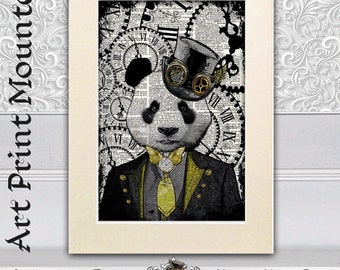 Book Page art Panda Print, Steampunk Panda, Dictionary book print, Mixed media Print, Mounted artwork, Wall Decor