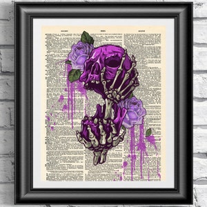 Gothic Art print on antique dictionary book page. Steampunk wall decor skull and roses. Dark romantic artwork on vintage book page print.