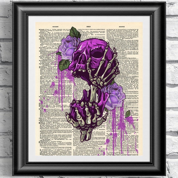Stampa Su Pagina Di Dizionario Vintage Con Teschio E Cappello A Cilindro | Quadro Gotico Da Parete 19x27 Cm