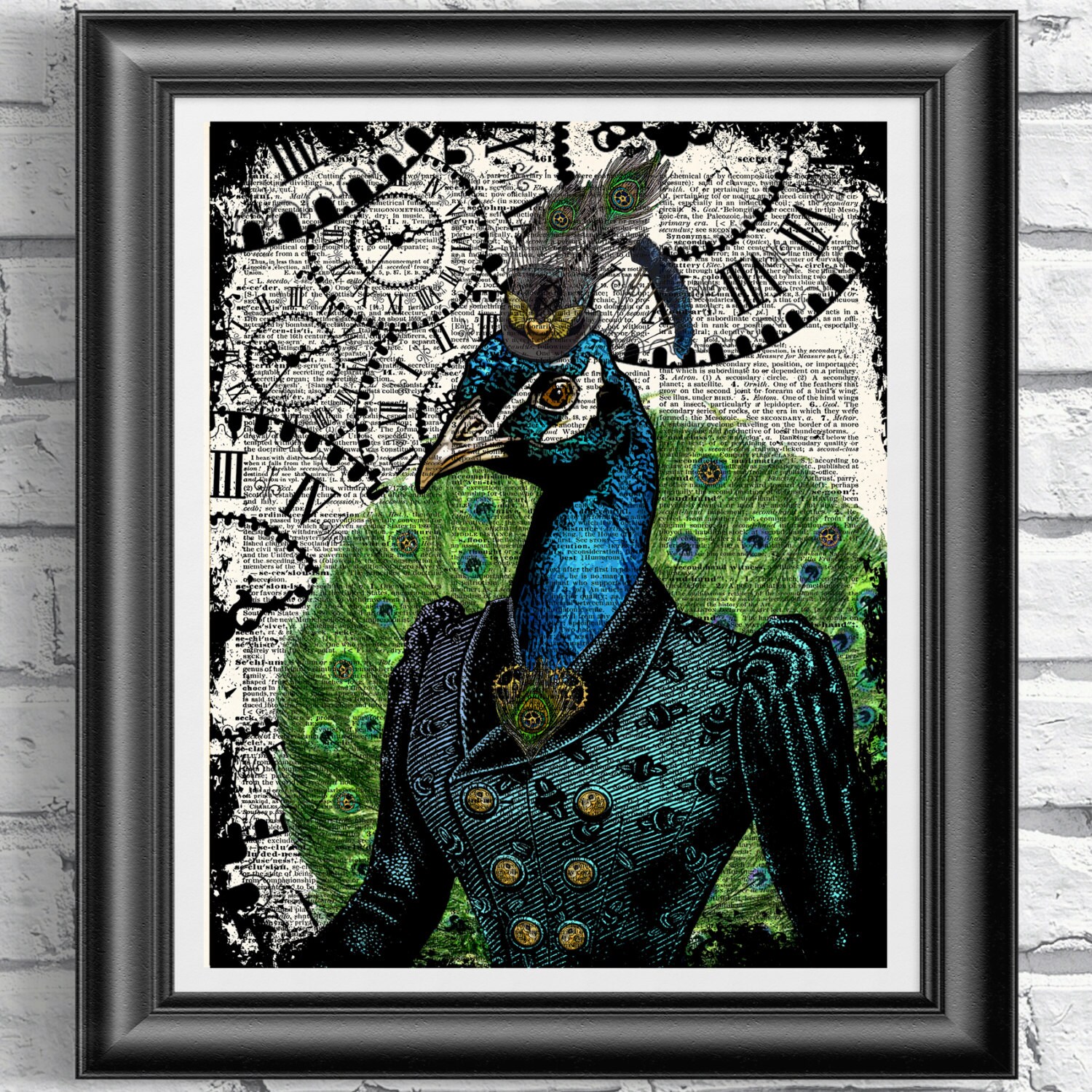 Wall decor unique gift wall decor Poster Print on Antique Dictionary book page Home decor Peacock art print Steampunk Peacock