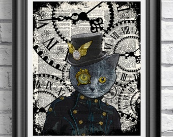 Steampunk Art Print, Steampunk Cat Art Book Page Wall Art Wall Decor, Poster Hipster Animal, Dandy Cat, Kitten illustration