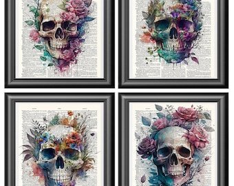 Floral Skulls Set of prints, Dictionary art print, Gothic decor, watercolour flowers, gothic art