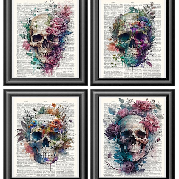 Floral Skulls Set of prints, Dictionary art print, Gothic decor, watercolour flowers, gothic art