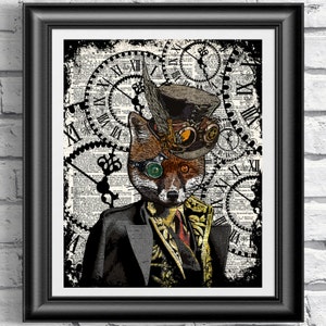 Steampunk fox dictionary book art print. Mixed media print on antique book page. Goth steampunk clothes top hat artwork poster.