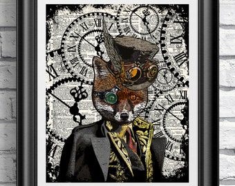 Steampunk fox dictionary book art print. Mixed media print on antique book page. Goth steampunk clothes top hat artwork poster.