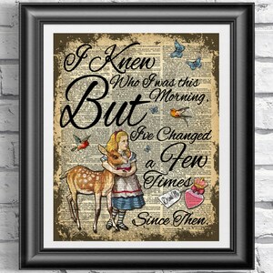 Alice in wonderland and the fawn book page art. Dictionary book page print poster quotation drink me bottle. Antique upcycled home decor