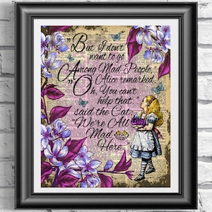 Alice in Wonderland book page print. Art print on antique dictionary book page Cheshire cat quote. Wall decor poster book page art purple.