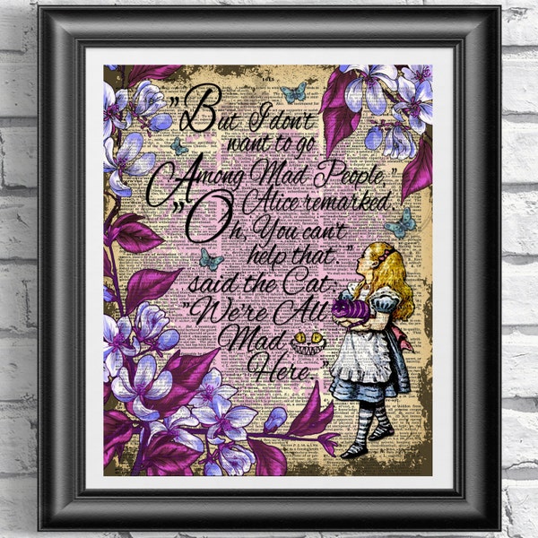 Alice in Wonderland book page print. Art print on antique dictionary book page Cheshire cat quote. Wall decor poster book page art purple.