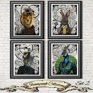 Steampunk Print, Dandy Hispter Animals Poster Art, Dictionary Book Pages, Lion Print, Peacock Print, Rabbit Print, Cat Print, Goggles