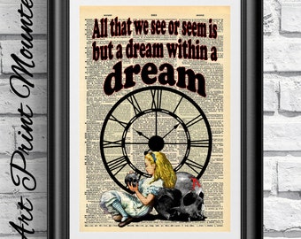 Gothic alice in wonderland dictionary book page print. Gothic Alice on mixed media Wall hangings quotation dream. Dark skull artwork.