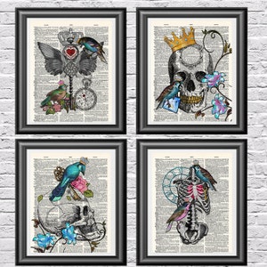 Birds Prints, Dictionary Book Prints, Gothic Tattoo Decor, Blue Birds Poster, Skull Prints, Unique Gift, Animal Illustration, Dictionary