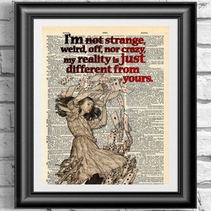 Art print on dictionary book page Alice in Wonderland. Inspirational quotation artwork on upcycled media. Wall art print vintage Alice.