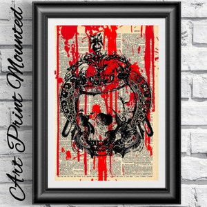 Dictionary book page print mounted, Gothic skull and crown artwork on antique vintage dictionary old page. Wall hanging steampunk goth decor
