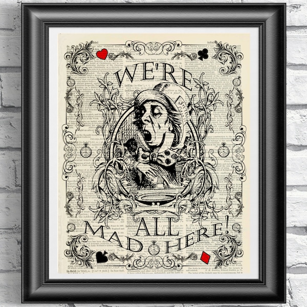 Alice in Wonderland Print, Mad hatter Print, Vintage book page art, Alice poster art, Mixed-media print, Wedding print, Home decor