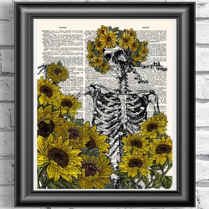 Skeleton Art Print, Sunflowers Print, Dictionary Book Page, Gothic Wall Decor, Flowers