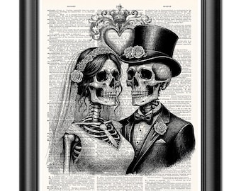 Impressão de casamento de esqueleto: Dicionário de arte de casal de caveiras