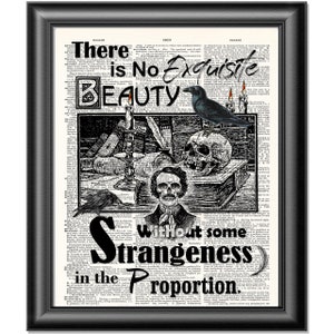 Edgar Allan Poe Quote Art Print on Antique Dictionary Page Strangeness in Proportion Quote Gothic Home Decor Vintage Wall Art