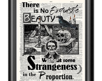 Edgar Allan Poe quote dictionary page art print, Strangeness quote, Poe Art Print Gothic Decor