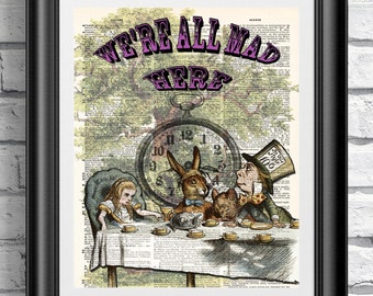 Alice in Wonderland Art Print: Mad Tea Party on Antique Dictionary Page