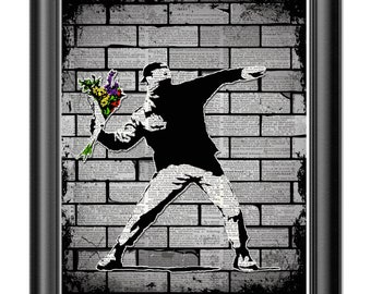 Banksy Flower Thrower on antique dictionary book page print. Street art Banksy graffiti art, Banksy Poster, Banksy Picture, Abstract Art