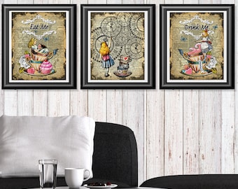 Conjunto de impresiones de Alicia en el país de las maravillas, póster de decoración de pared, regalo de dama de honor, obra de arte impresa para guardería, regalo de boda