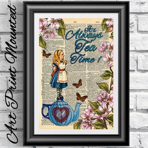 Original art print on antique dictionary book page Mounted. Wall decor Alice in Wonderland Tea time. Mixed media print blue and pink flowers