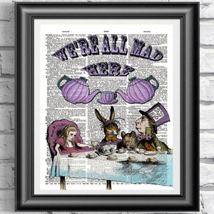 Alice in wonderland book page print, Purple Teapots Print, Mad Print, Mad people Poster Print, Wall decor, Dictionary