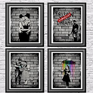 Banksy Set Art Prints on Old Antique Book Page - Kissing Coppers Wall Art - Dorothy Police Search - Follow your Dreams - Umbrella Girl Print