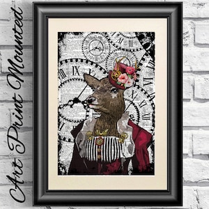 Doe Print, Steampunk Animal, Dictionary Book Page Print Animal, Hipster Animal. Mounted Poster artwork, Steam punk Goggles