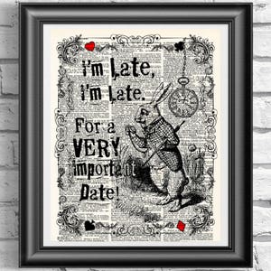 Alice in wonderland book page print, The White Rabbit I'm Late Poster, Wall decor, Dictionary