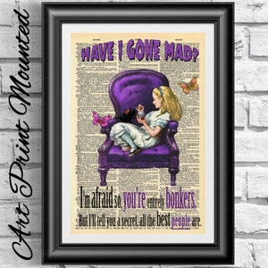 MOUNTED Alice in Wonderland Original Art print on antique dictionary book page. Book page wall art upcycled artwork. Inspirational quotation