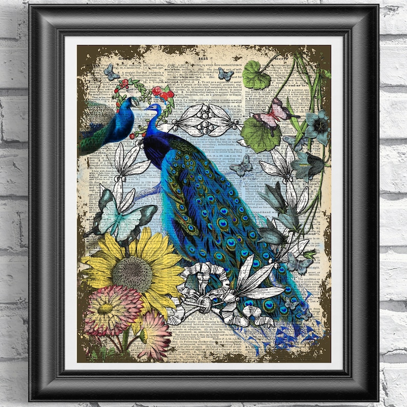Peacock Animal Print Peacocks Wall Art Dictionary Book Art Etsy