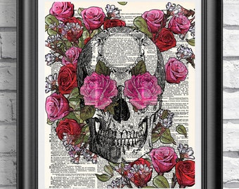 Skull and roses dictionary book art, Gothic Romantic Wall Decor, Unique gift idea