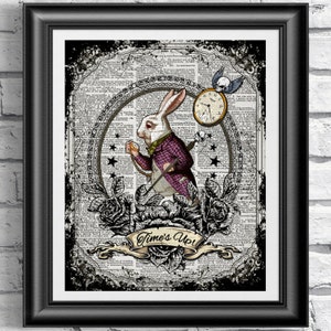 Art print on dictionary book page Alice in Wonderland. Gothic white rabbit printed on an antique sheet. Tattoo Upcycled wall hanging.