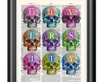 Skulls art print, Poster print on dictionary book page, Gothic wall art, Diversity design, Watercolour skulls