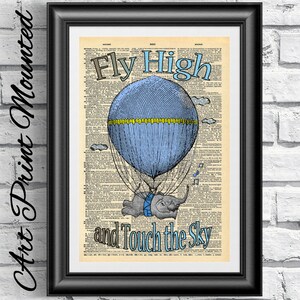 Baby Elephant Hot Air Balloon Art Print: Antique Dictionary Page