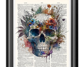 Floral Skull print, Dictionary art print, Gothic decor, watercolor flowers