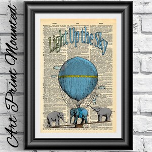 Baby Elephant Hot Air Balloon Art Print: Antique Dictionary Page