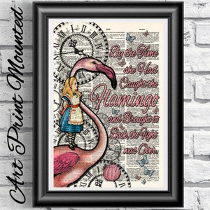 Flamingo Alice in Wonderland dictionary book page print, Wall hangings mounted, upcycled real antiquarian book sheet, Wall decor Alice