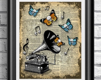 Musical instrument gramophone printed on an antique dictionary book page. Gothic notes and skull flies old book page, wall decor, dictionary