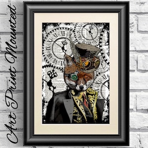 Fox Print, Steampunk Dandy Fox, Dictionary Book Page Print Animal, Hipster Animal. Red Fox Mounted Poster, Steam punk Goggles