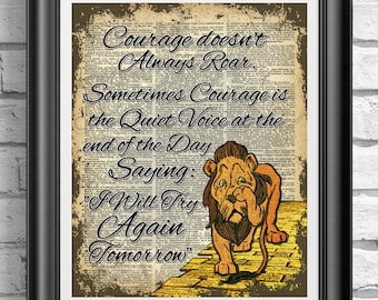 Wizard of Oz Print, Cowardly Lion Book Page Art, Courage Quote Print, Witch Print, Poster Art, Gift Idea, Vintage Dictionary Print
