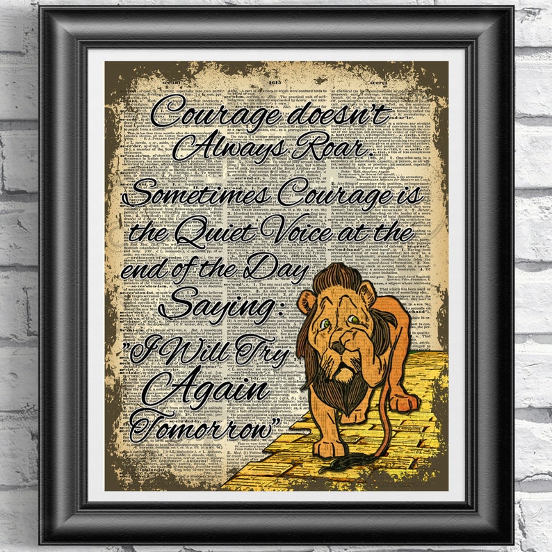 Wizard of Oz Print Cowardly Lion Book Page Art Courage Quote image 0.
