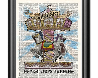 Arte de parede com carrossel, impressão artística em estilo dicionário, citação inspiradora sobre carrossel de cavalos, decoração de casa exclusiva.