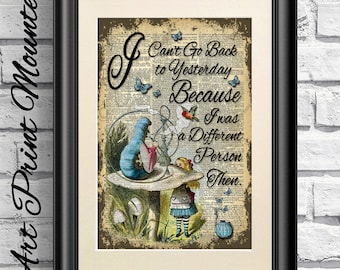 Alice in Wonderland, Caterpillar Print, Dictionary Book Page Alice, Mixed Media Print, Wall Decor, Unique Gift, Alice and Absolem