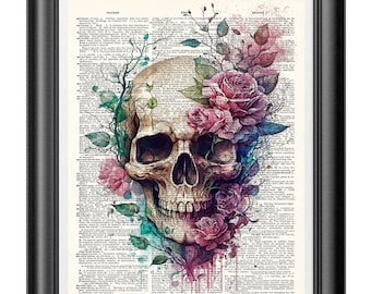 Impressão de arte de dicionário de crânio floral, pastel gótico, arte de parede, arte gótica
